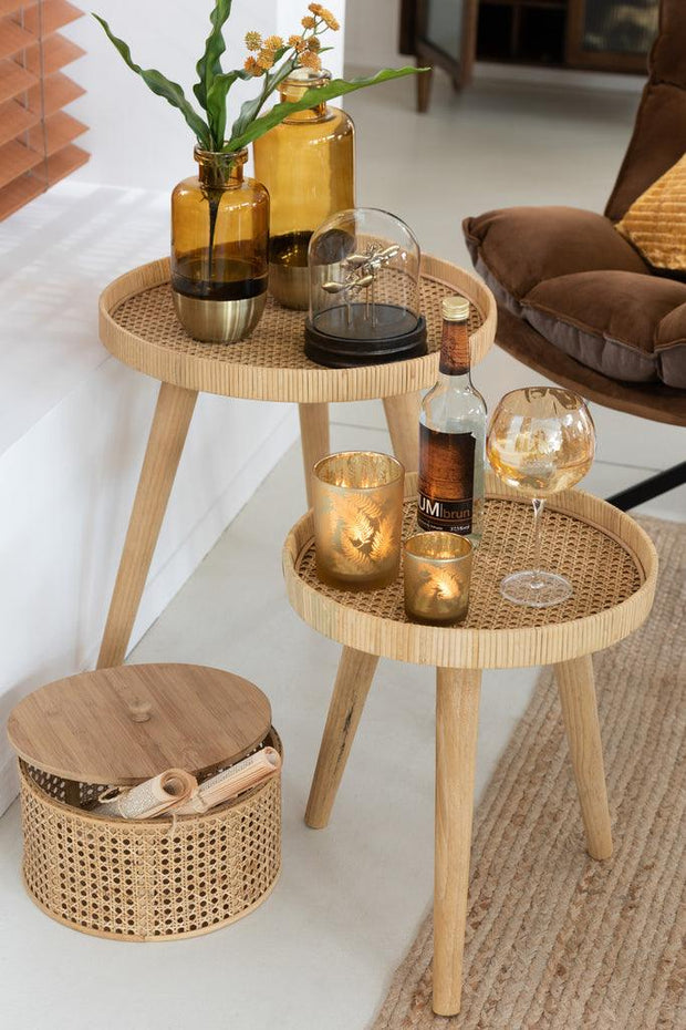 Set van 2 ronde Sidetables Driepoot Rotan Naturel - Florismoo Essentials & Mobility